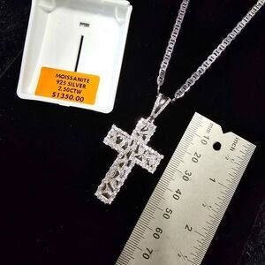 2.5CTW VVSD Moissanite Cross Pendant Necklace in 925 on 20" special link chain.